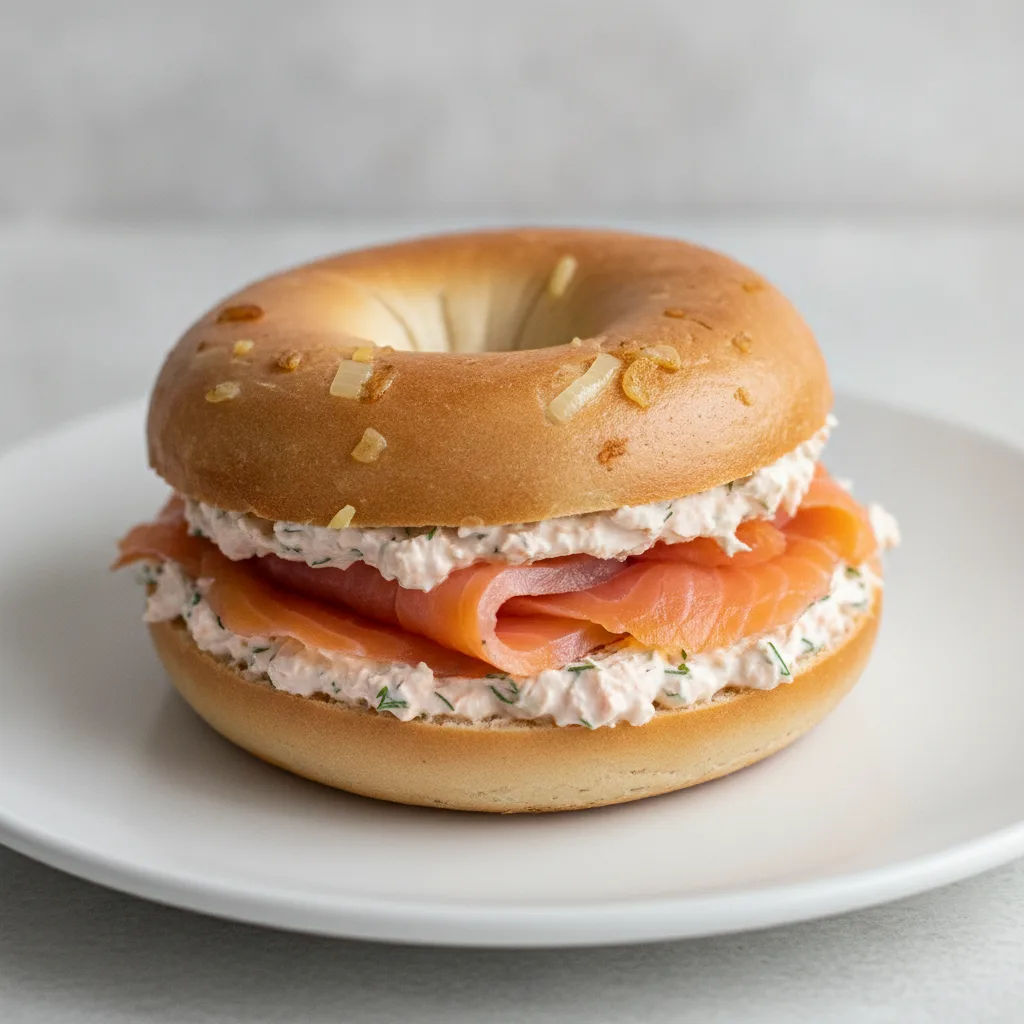 Smoked Salmon Bagel with Onion Bagels, Salmon-Dill Cream Cheese Smoked Salmon Bagel with Onion Bagels, Salmon-Dill Cream Cheese