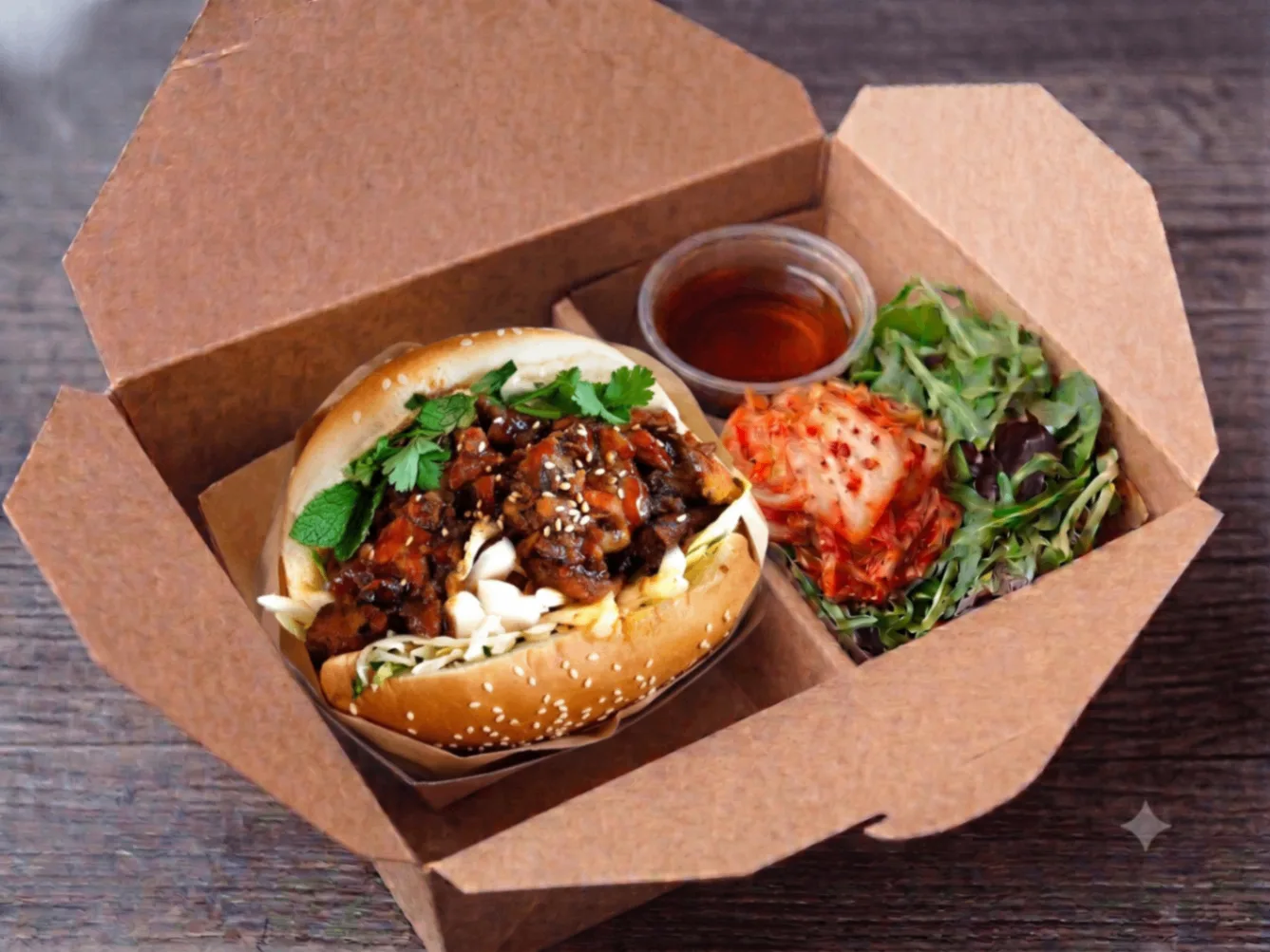 BBQ Chicken Bun Burger and Side Salad w/ Kimchi Box