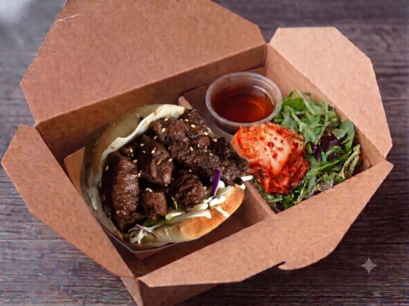 Short Rib Bun Burger and Side Salad w/ Kimchi Box