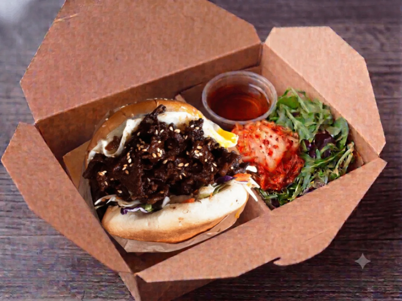 Bulgogi Bun Burger and Side Salad w/ Kimchi Box