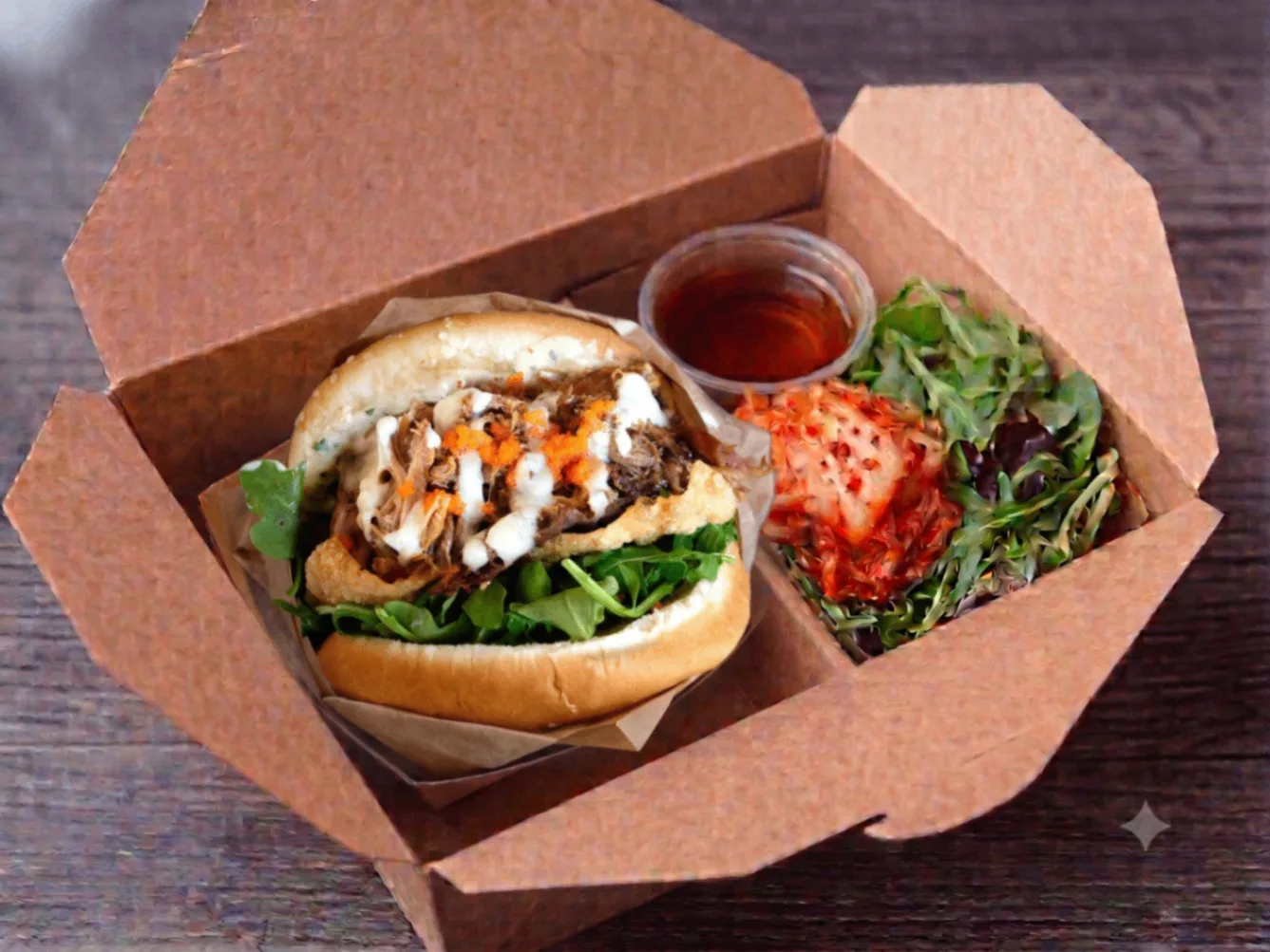 Pork Bun Burger and Side Salad w/ Kimchi Box