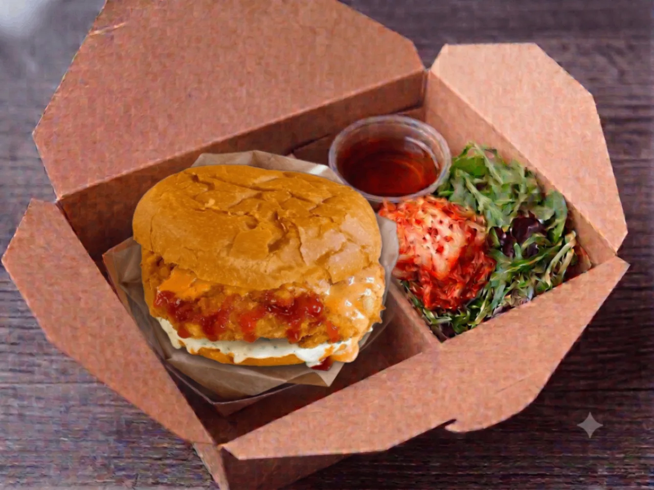 Crispy Chicken Burger and Sde Salad w/ Kimchi Box