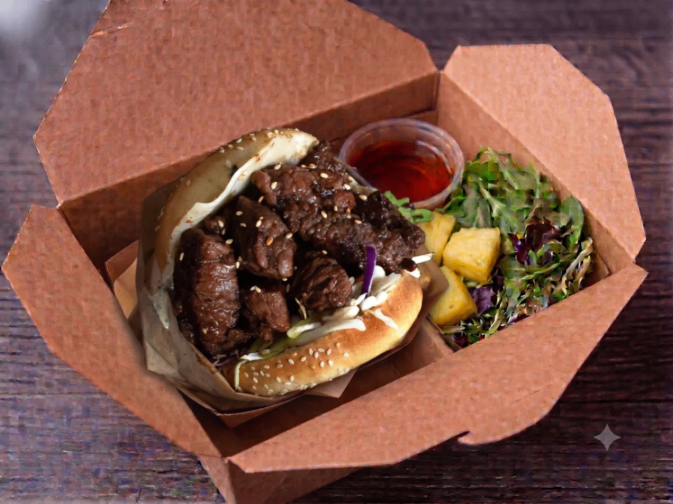 Short Rib Bun Burger and Side Salad w/ Pineapple Box