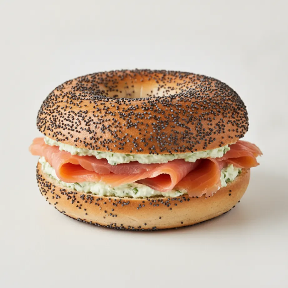 Smoked Salmon Bagel with Poppy Bagels, Chive Cream Cheese