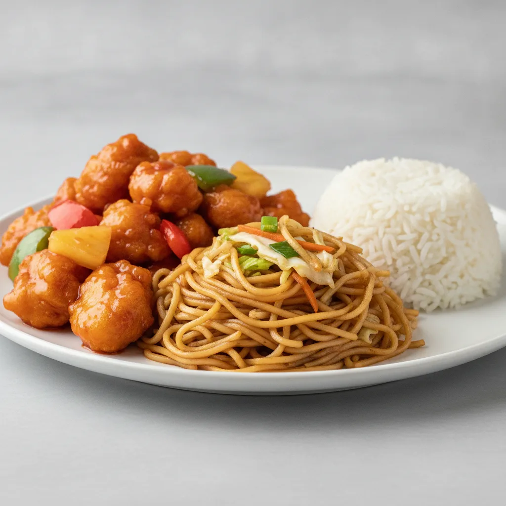 Sweet and Sour Chicken, Chow Mein, amd Steamed Rice [Large]