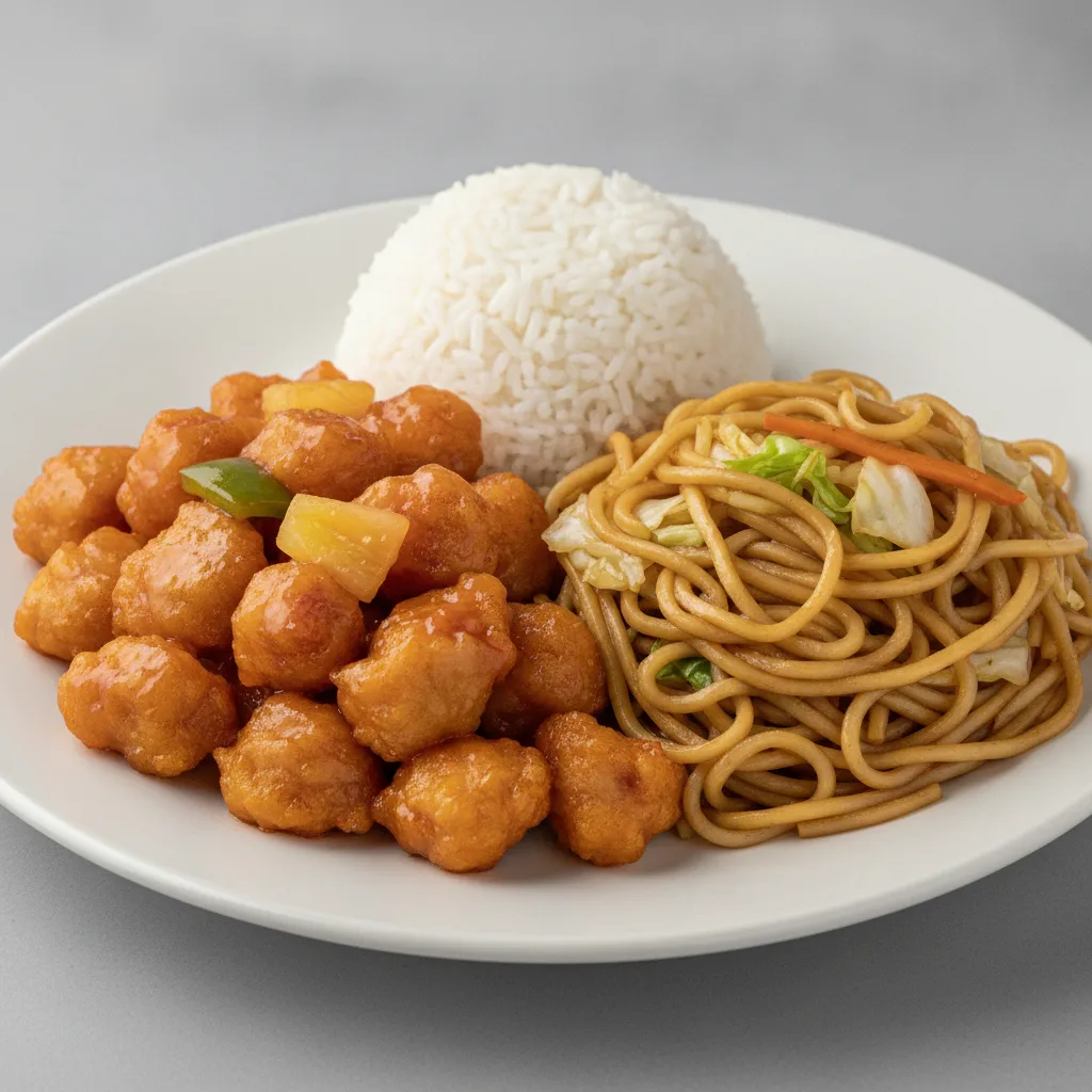 Sweet and Sour Pork, Chow Mein, amd Steamed Rice [Large]