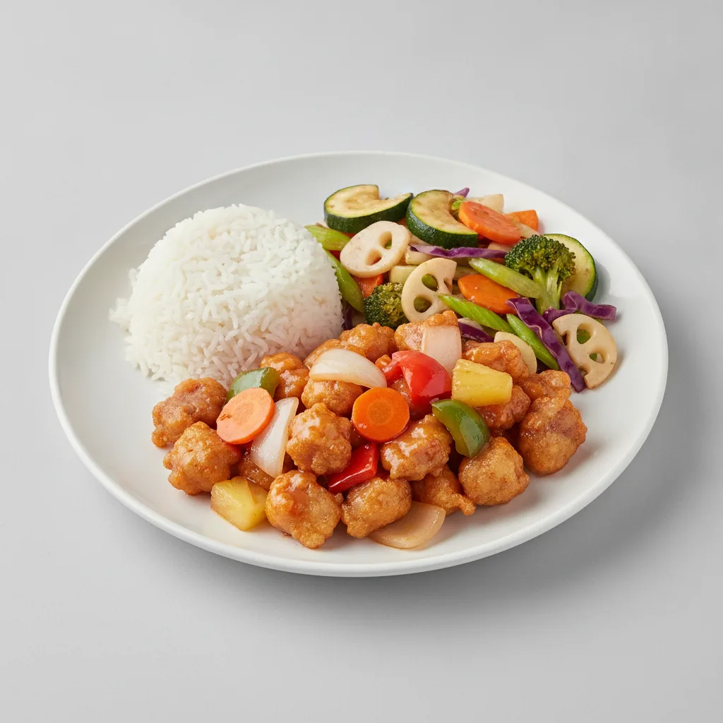 Gluten-Free Sweet and Sour Pork, Steamed Rice and Mixed Veggies [Large]