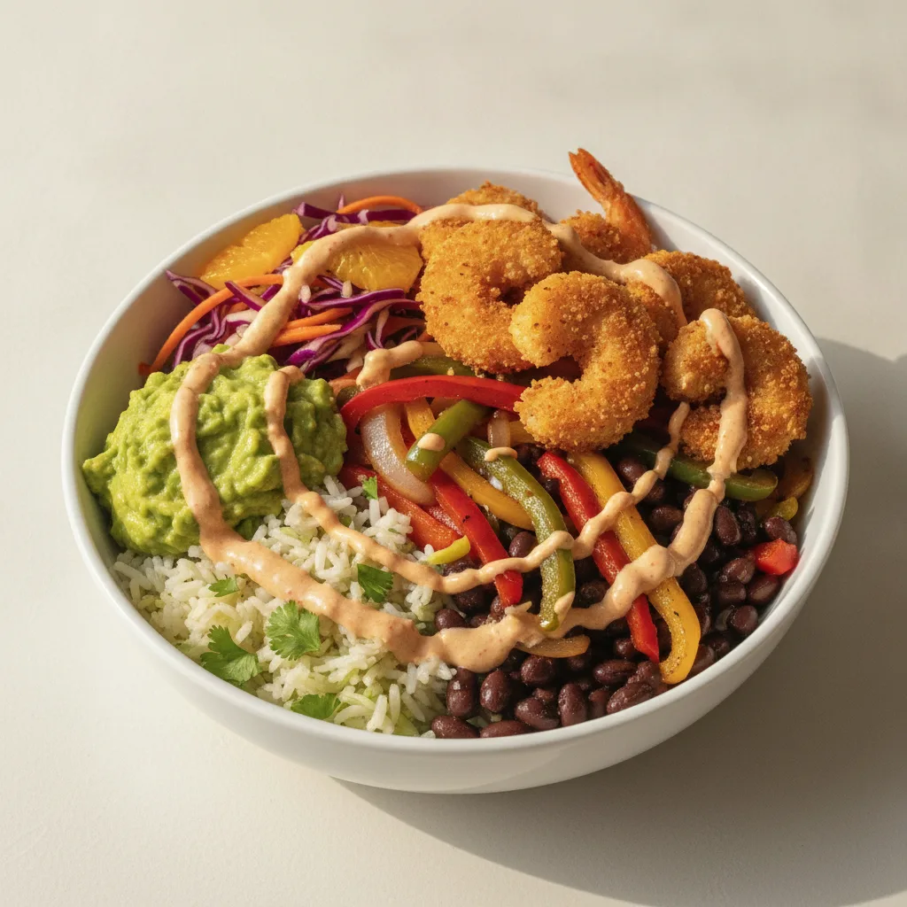 Fried Shrimp Fajita Bowl (Vegan Cheese)