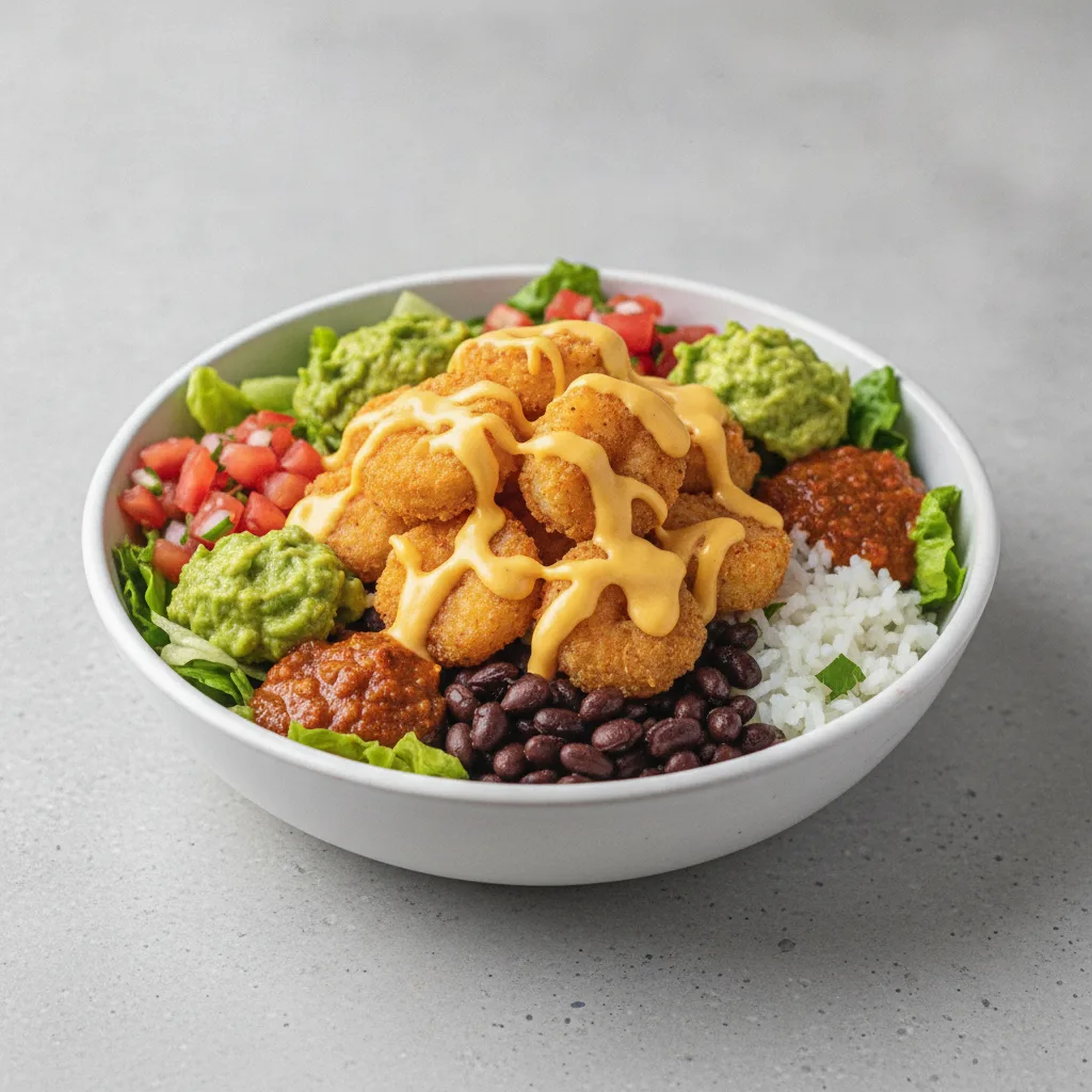 Mexican Bowl with Fried Shrimp (Vegan Cheese)
