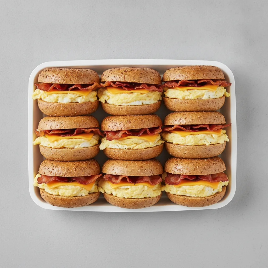 Gluten-Free Bagel Breakfast Sandwich Tray — Bacon, Egg and Cheese Gluten-Free Bagel Breakfast Sandwich Tray — Bacon, Egg and Cheese