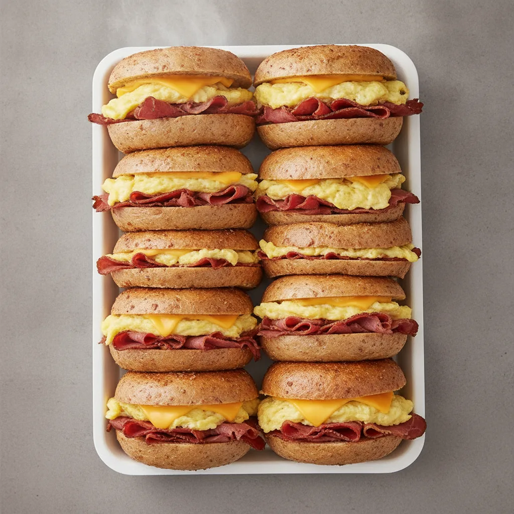 Gluten-Free Bagel Breakfast Sandwich Tray — Pastrami, Egg and Cheese Gluten-Free Bagel Breakfast Sandwich Tray — Pastrami, Egg and Cheese