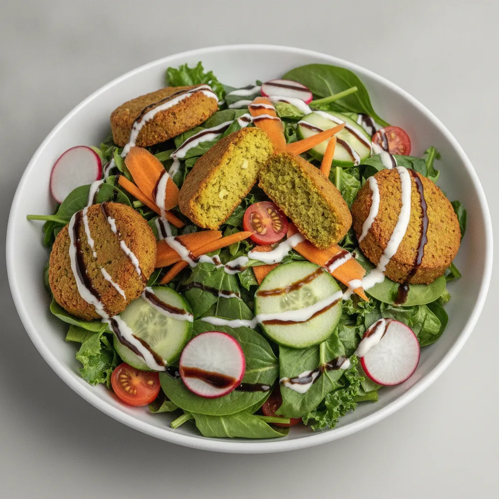 Mixed Greens Salad with Baked Falafel Mixed Greens Salad with Baked Falafel