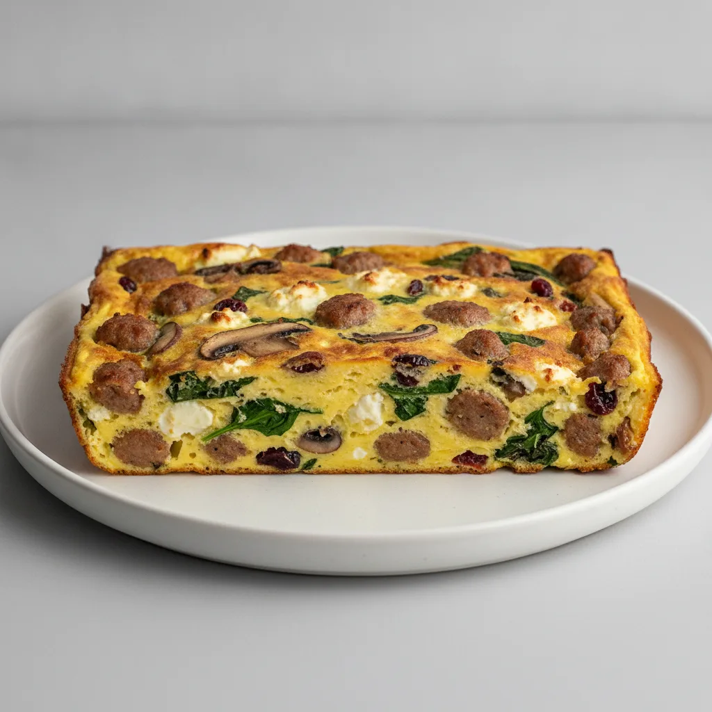 Frittata Half Pan - Turkey Sausage, Spinach, Mushrooms, Dried Cranberries and Goat Cheese Frittata Half Pan - Turkey Sausage, Spinach, Mushrooms, Dried Cranberries and Goat Cheese