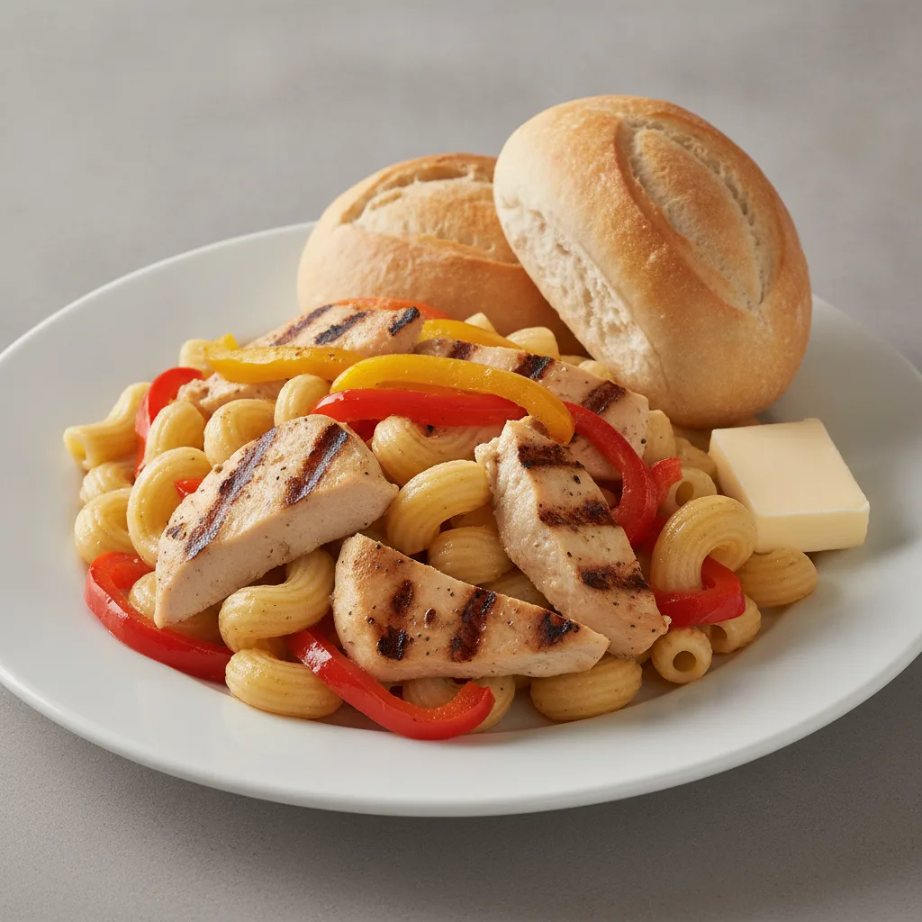 Grilled Chicken and Tri-Color Roasted Peppers, Artisan Rolls and Butter Grilled Chicken and Tri-Color Roasted Peppers, Artisan Rolls and Butter