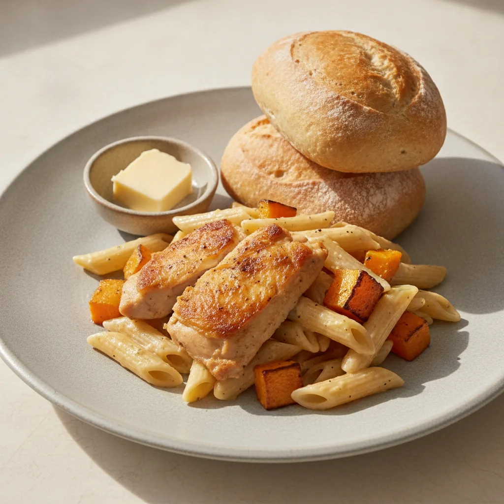 Roasted Chicken and Squash, Artisan Rolls and Butter Roasted Chicken and Squash, Artisan Rolls and Butter