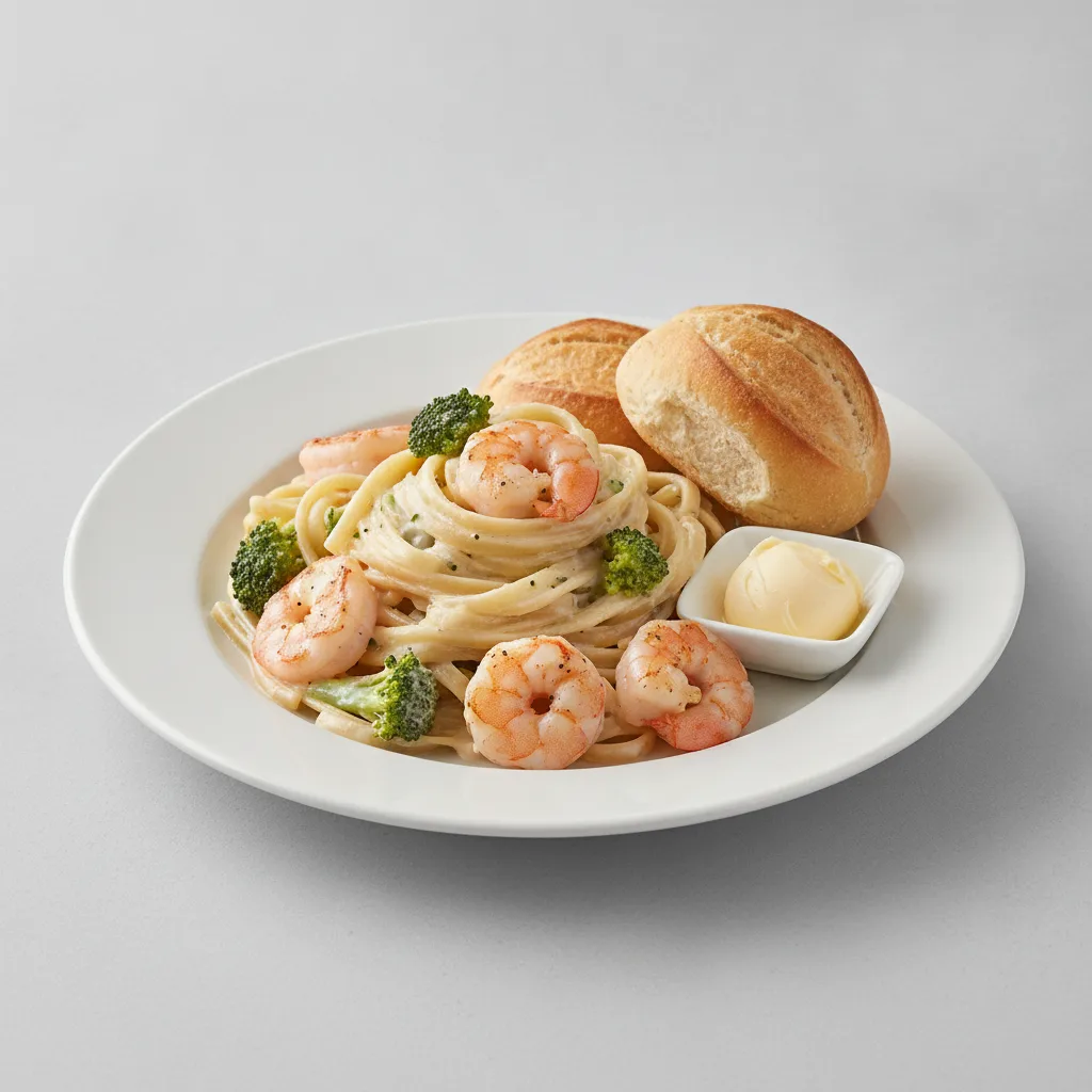 Shrimp Alfredo with Broccoli, Artisan Rolls and Butter Shrimp Alfredo with Broccoli, Artisan Rolls and Butter