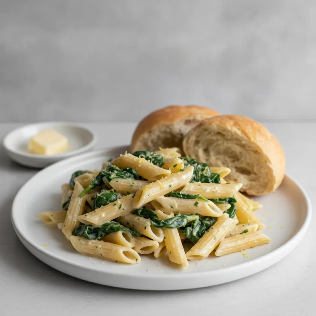 Lemon and spinach Penne with Light Cream Sauce, Artisan Rolls and Butter Lemon and spinach Penne with Light Cream Sauce, Artisan Rolls and Butter
