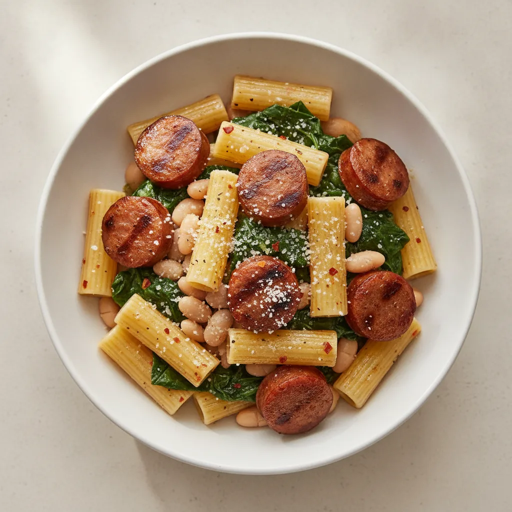 Grilled Italian Sausage, Greens, Cannellini Beans Rigatoni Grilled Italian Sausage, Greens, Cannellini Beans Rigatoni