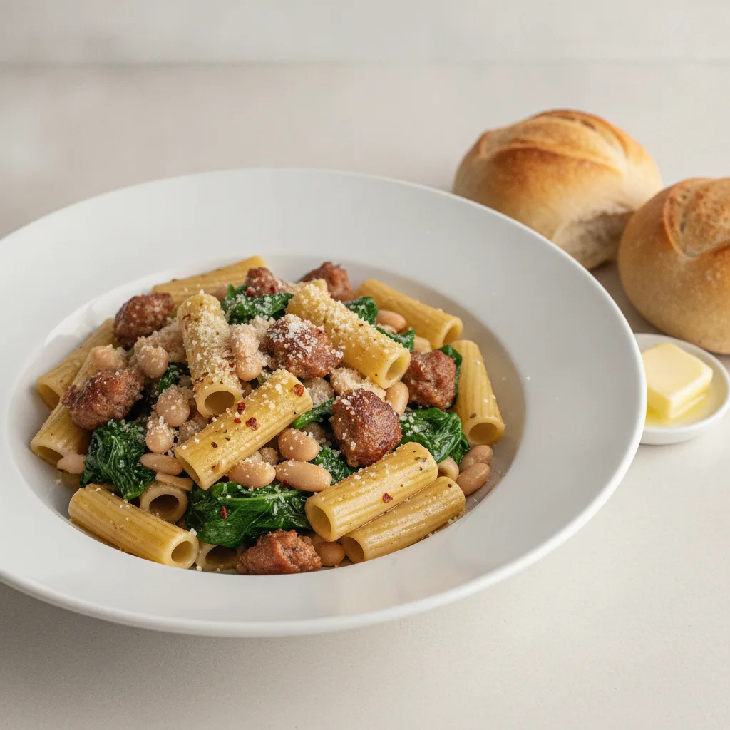 Grilled Italian Sausage, Greens, Cannellini Beans Rigatoni, Artisan Rolls, Butter Grilled Italian Sausage, Greens, Cannellini Beans Rigatoni, Artisan Rolls, Butter
