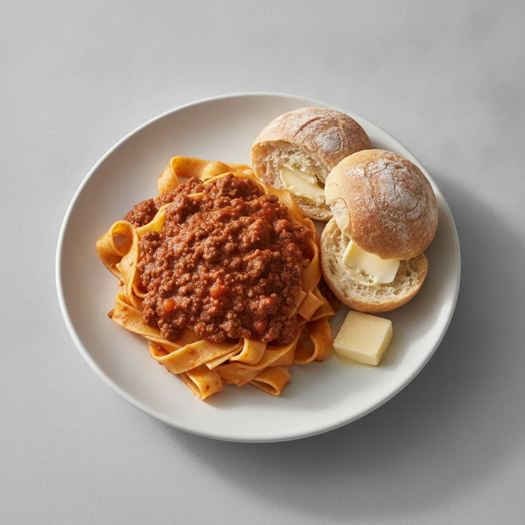 Beef Bolognese, Artisan Rolls and Butter Beef Bolognese, Artisan Rolls and Butter
