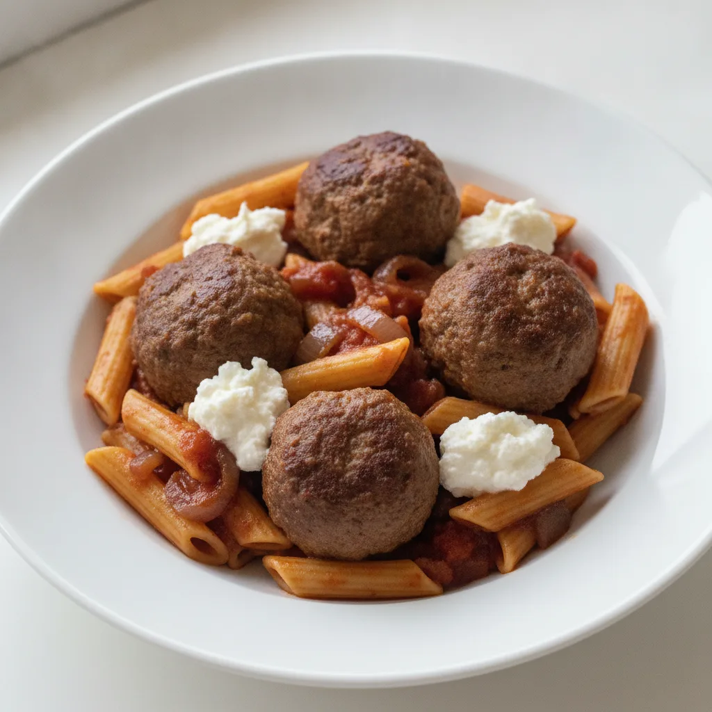 Beef Meatballs, Balsamic Onions, Ricotta and Ziti Beef Meatballs, Balsamic Onions, Ricotta and Ziti