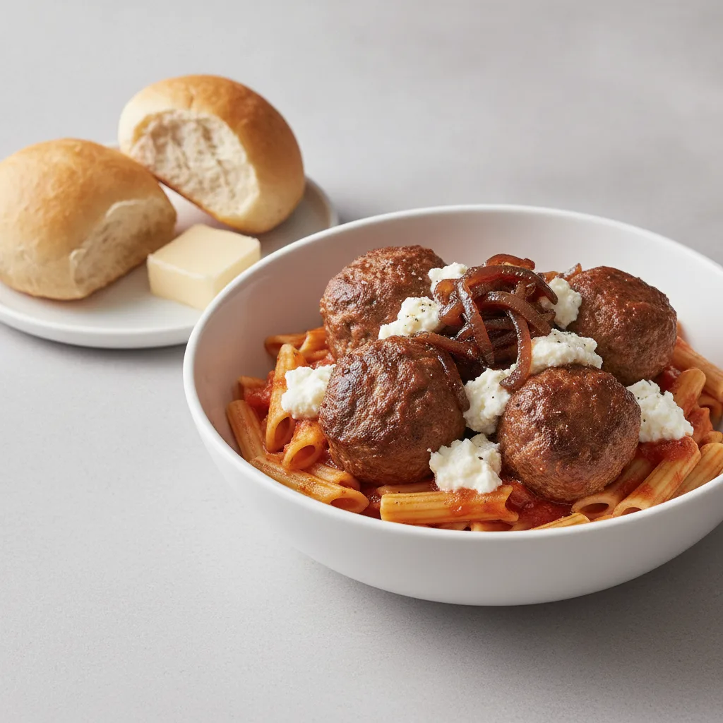 Beef Meatballs, Balsamic Onions, Ricotta and Ziti, Artisan Rolls and Butter Beef Meatballs, Balsamic Onions, Ricotta and Ziti, Artisan Rolls and Butter