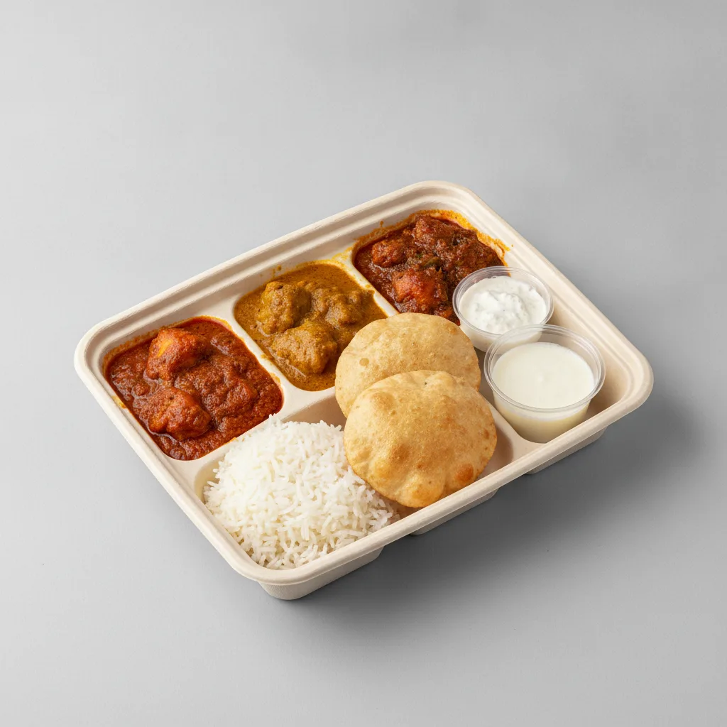 Chicken Thali Box Chicken Vindaloo , Chicken Curry , Chicken Bhuna Chicken Thali Box Chicken Vindaloo , Chicken Curry , Chicken Bhuna