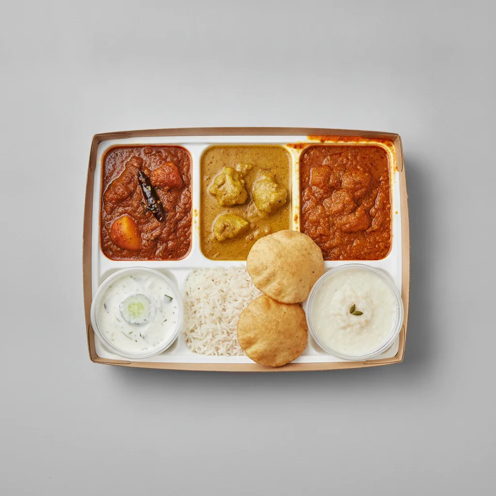 Chicken Thali Box Chicken Vindaloo , Chicken Curry , Chicken Madras Chicken Thali Box Chicken Vindaloo , Chicken Curry , Chicken Madras