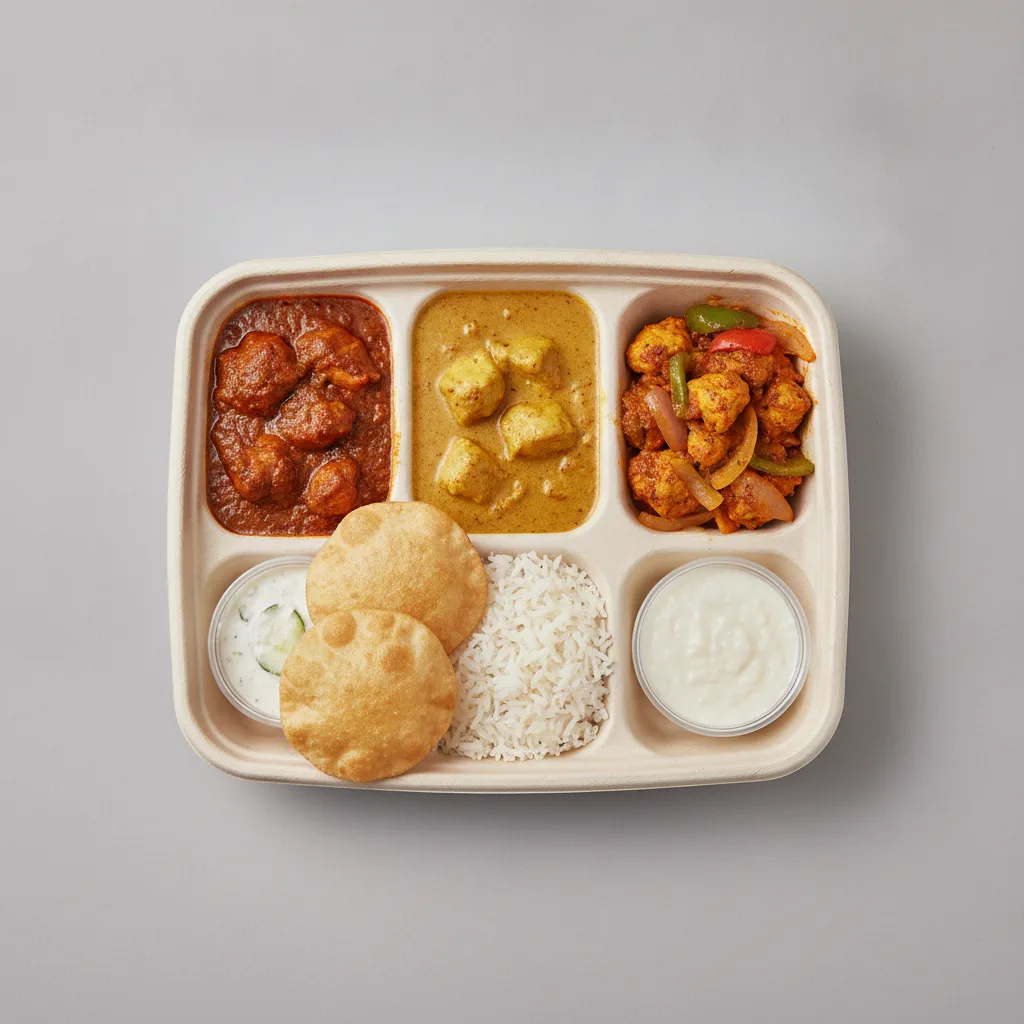 Chicken Thali Box Chicken Vindaloo , Chicken Curry , Chicken Jalfrezi Chicken Thali Box Chicken Vindaloo , Chicken Curry , Chicken Jalfrezi