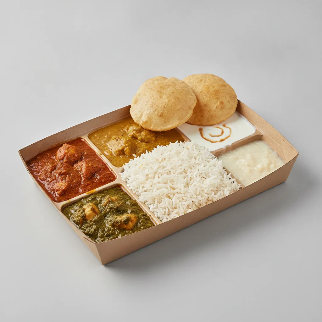 Chicken Thali Box Chicken Vindaloo , Chicken Curry , Chicken Saag Chicken Thali Box Chicken Vindaloo , Chicken Curry , Chicken Saag
