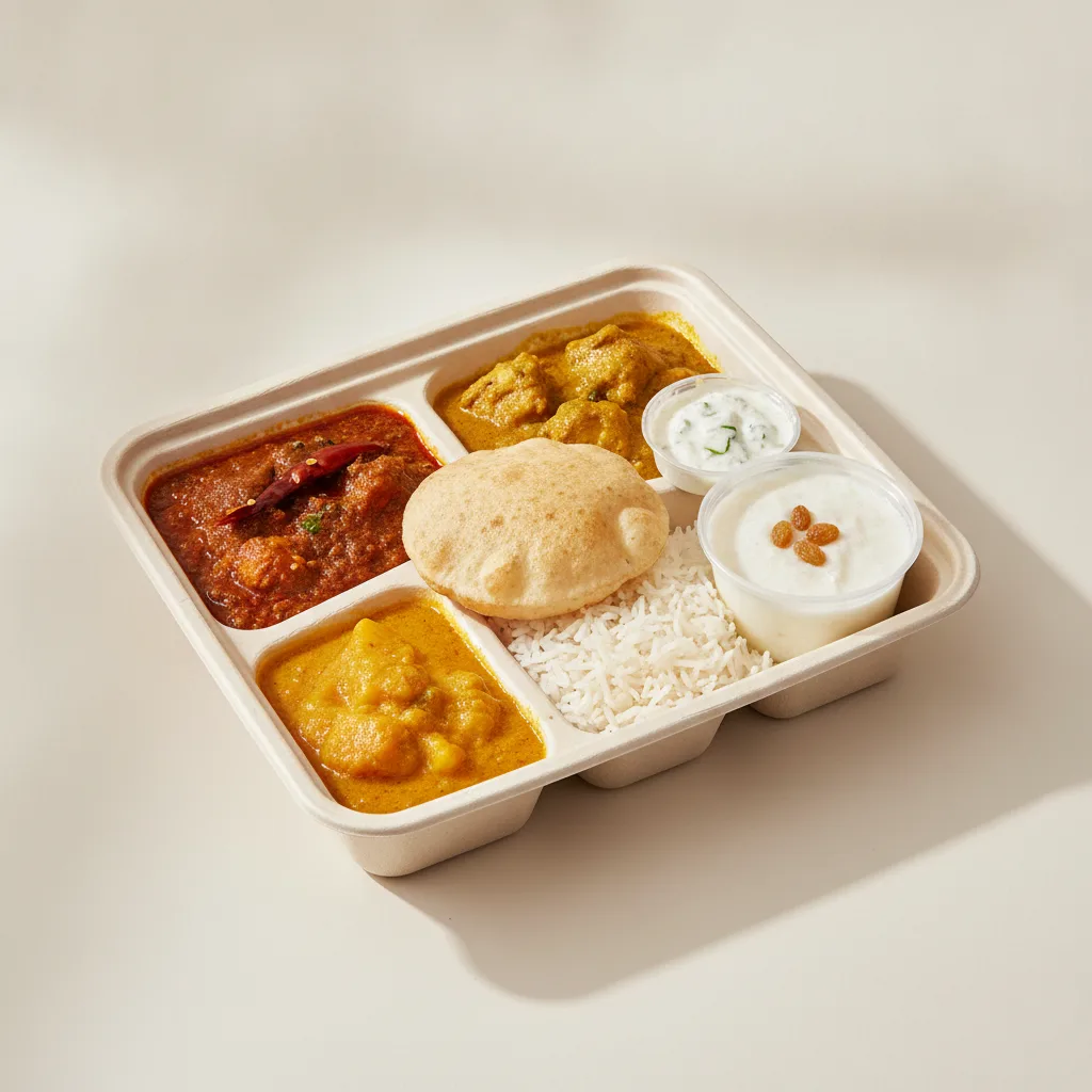 Chicken Thali Box Chicken Vindaloo , Chicken Curry , Chicken Mango Chicken Thali Box Chicken Vindaloo , Chicken Curry , Chicken Mango