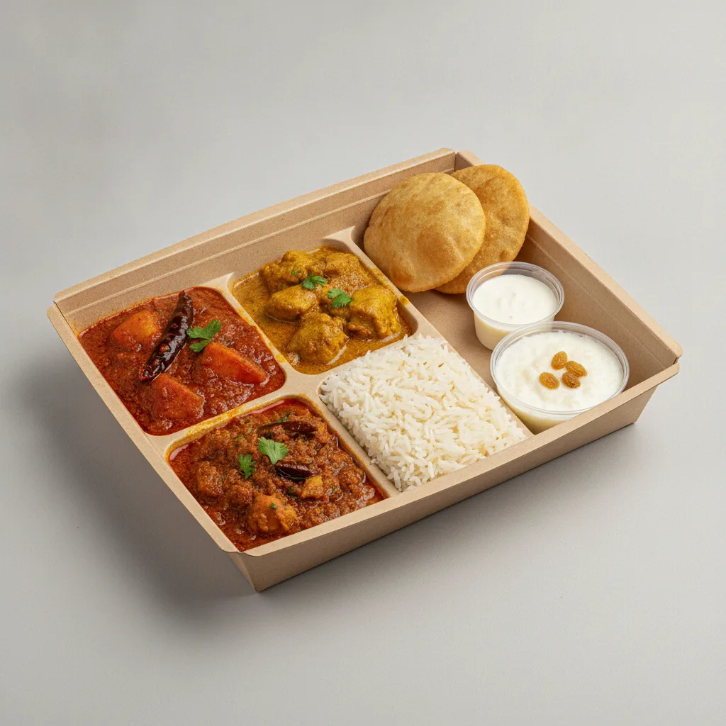 Chicken Thali Box Chicken Vindaloo , Chicken Curry , Achari Chicken Chicken Thali Box Chicken Vindaloo , Chicken Curry , Achari Chicken