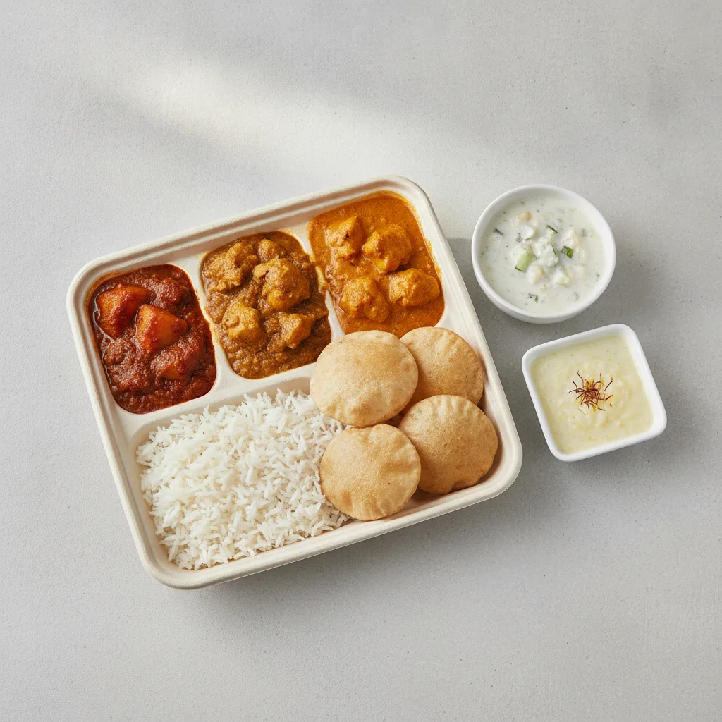 Chicken Thali Box Chicken Vindaloo , Chicken Bhuna , Chicken Madras Chicken Thali Box Chicken Vindaloo , Chicken Bhuna , Chicken Madras