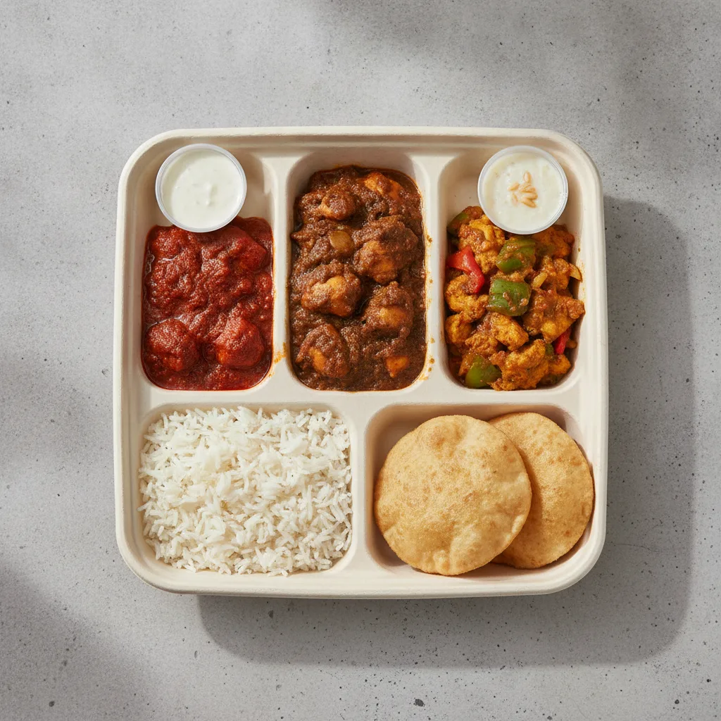 Chicken Thali Box Chicken Vindaloo , Chicken Bhuna , Chicken Jalfrezi Chicken Thali Box Chicken Vindaloo , Chicken Bhuna , Chicken Jalfrezi
