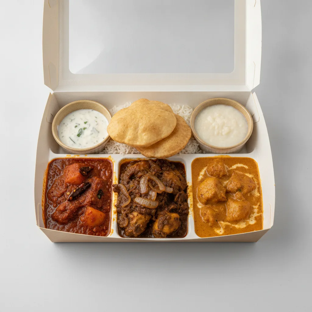 Chicken Thali Box Chicken Vindaloo , Chicken Bhuna , Butter Chicken Chicken Thali Box Chicken Vindaloo , Chicken Bhuna , Butter Chicken