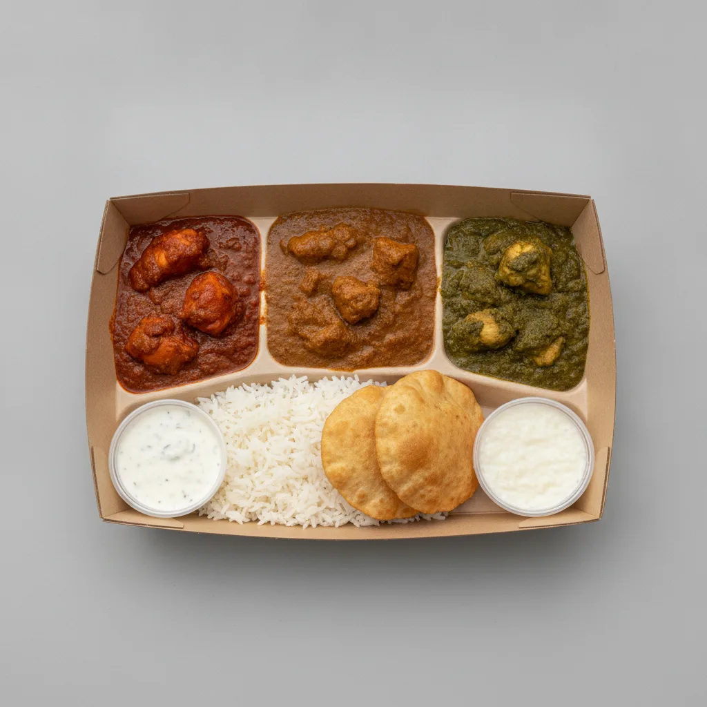 Chicken Thali Box Chicken Vindaloo , Chicken Bhuna , Chicken Saag Chicken Thali Box Chicken Vindaloo , Chicken Bhuna , Chicken Saag