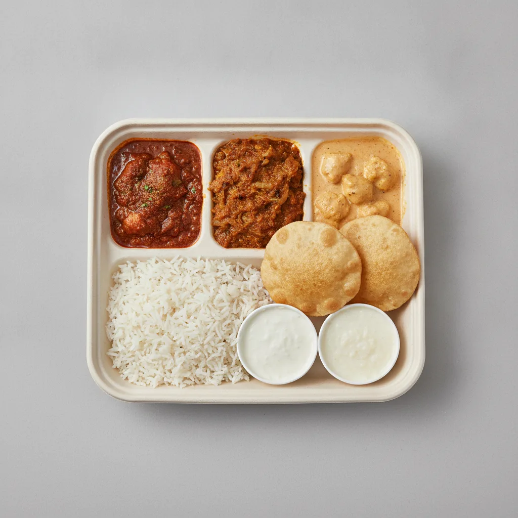 Chicken Thali Box Chicken Vindaloo , Chicken Bhuna , Chicken Mango Chicken Thali Box Chicken Vindaloo , Chicken Bhuna , Chicken Mango
