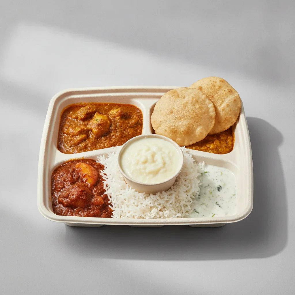Chicken Thali Box Chicken Vindaloo , Chicken Bhuna , Achari Chicken Chicken Thali Box Chicken Vindaloo , Chicken Bhuna , Achari Chicken