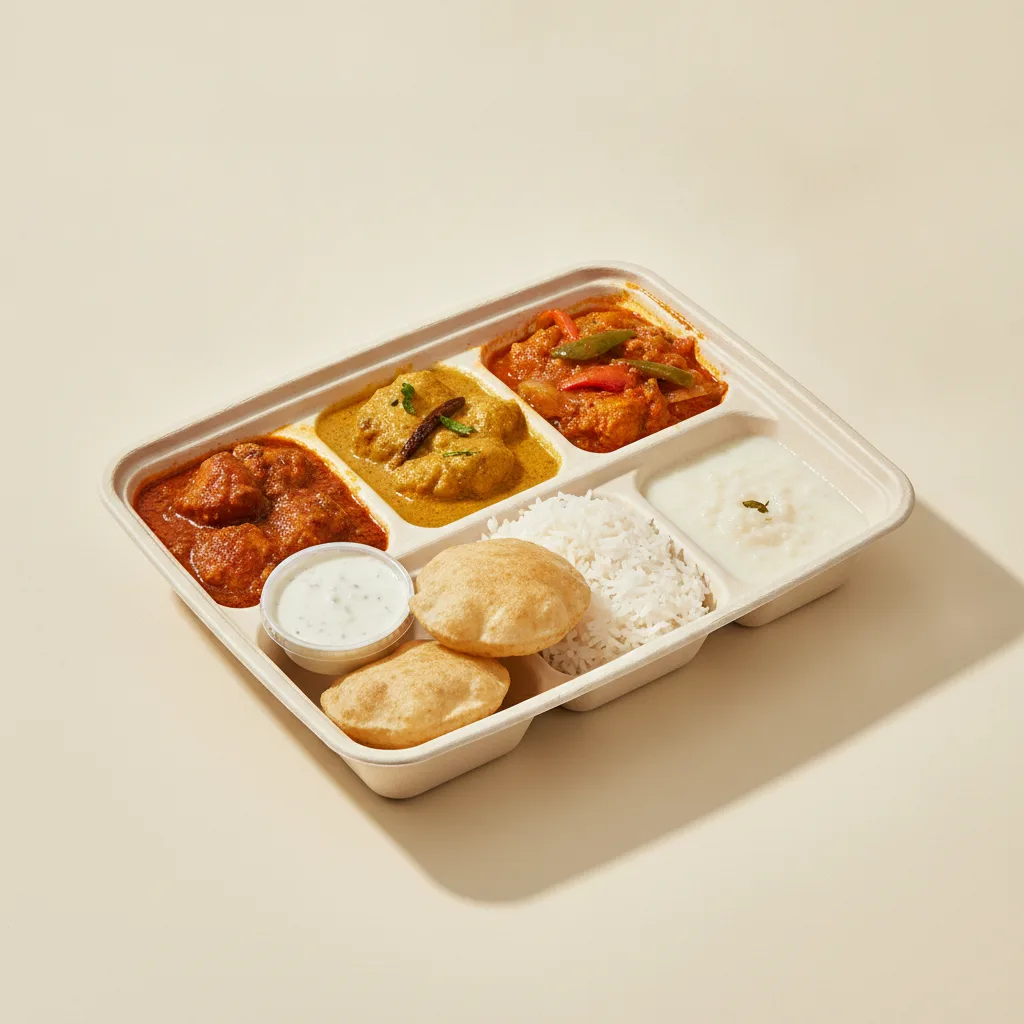 Chicken Thali Box Chicken Vindaloo , Chicken Madras , Chicken Jalfrezi Chicken Thali Box Chicken Vindaloo , Chicken Madras , Chicken Jalfrezi