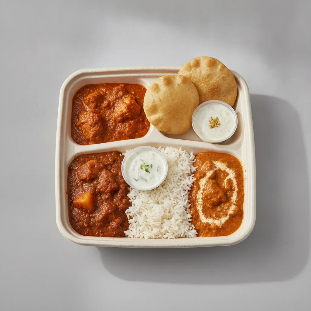 Chicken Thali Box Chicken Vindaloo , Chicken Madras , Butter Chicken Chicken Thali Box Chicken Vindaloo , Chicken Madras , Butter Chicken