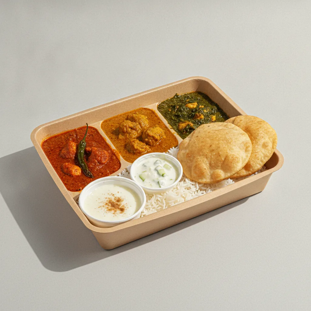 Chicken Thali Box Chicken Vindaloo , Chicken Madras , Chicken Saag Chicken Thali Box Chicken Vindaloo , Chicken Madras , Chicken Saag