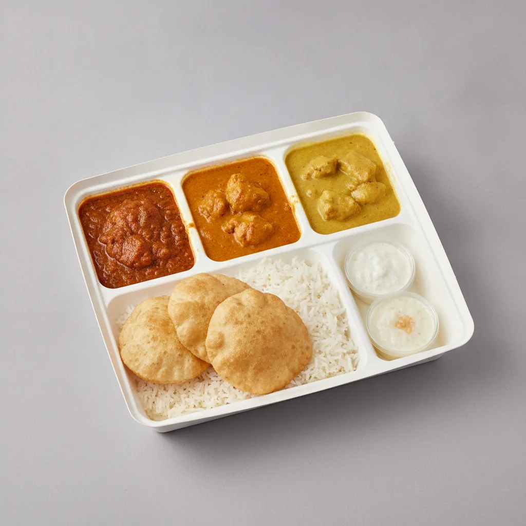 Chicken Thali Box Chicken Vindaloo , Chicken Madras , Chicken Mango Chicken Thali Box Chicken Vindaloo , Chicken Madras , Chicken Mango