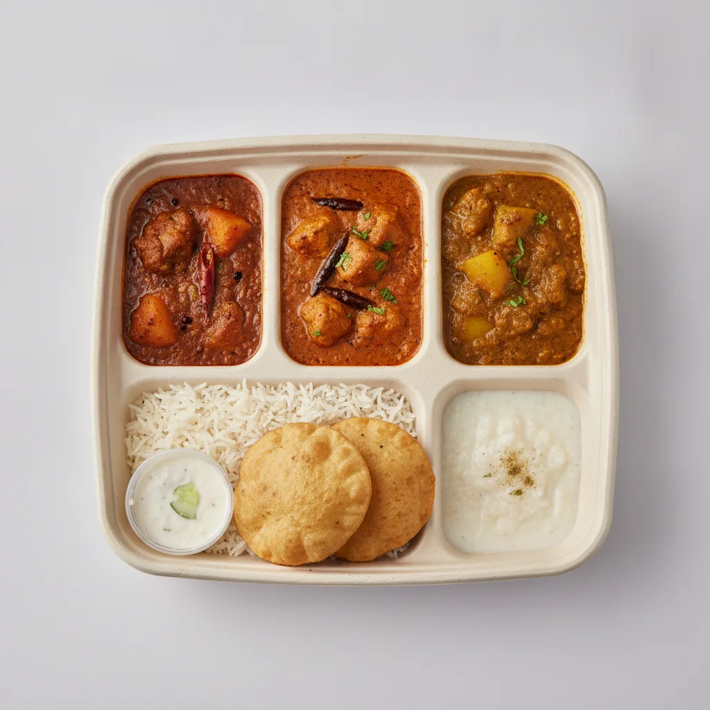 Chicken Thali Box Chicken Vindaloo , Chicken Madras , Achari Chicken Chicken Thali Box Chicken Vindaloo , Chicken Madras , Achari Chicken