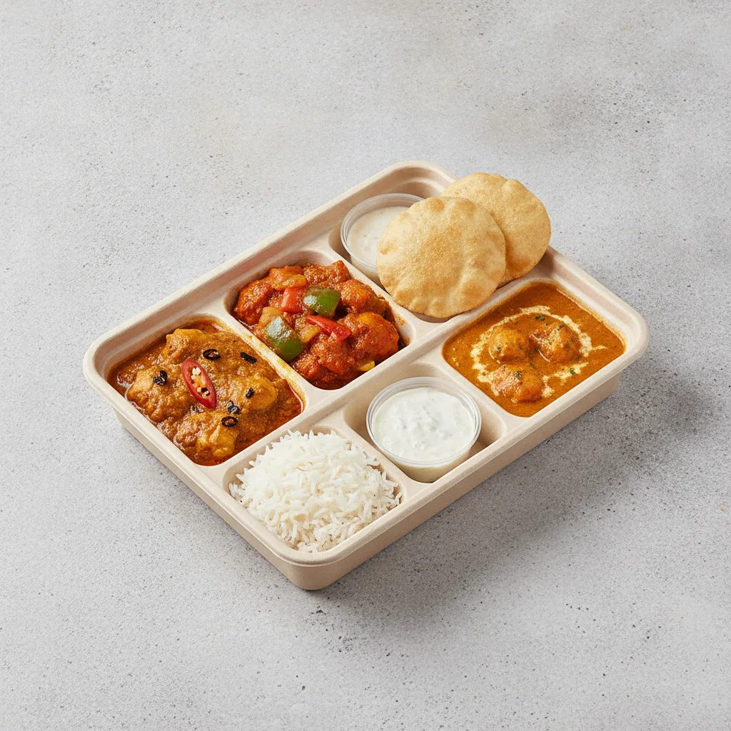 Chicken Thali Box Chicken Vindaloo , Chicken Jalfrezi , Butter Chicken Chicken Thali Box Chicken Vindaloo , Chicken Jalfrezi , Butter Chicken
