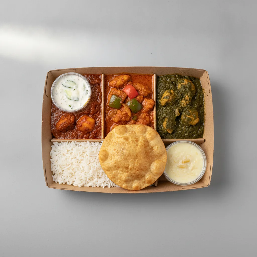 Chicken Thali Box Chicken Vindaloo , Chicken Jalfrezi , Chicken Saag Chicken Thali Box Chicken Vindaloo , Chicken Jalfrezi , Chicken Saag
