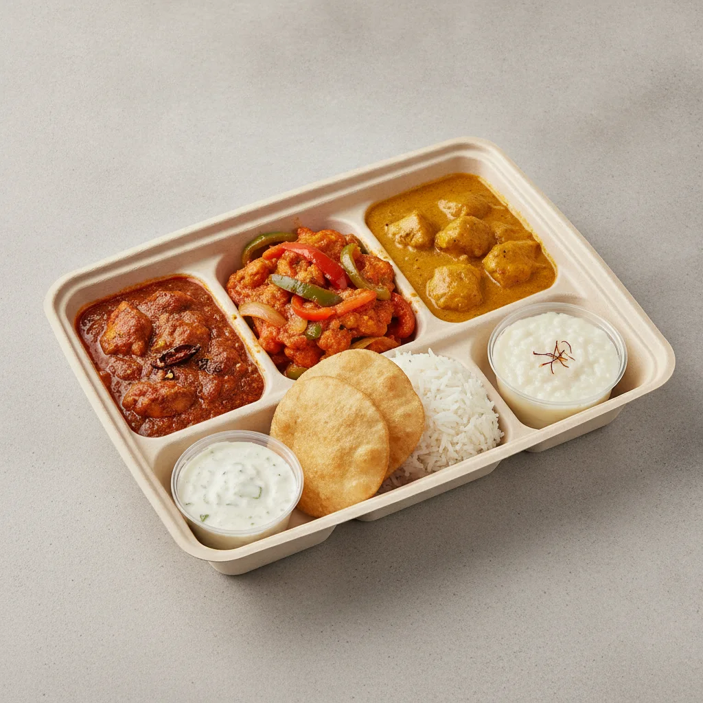 Chicken Thali Box Chicken Vindaloo , Chicken Jalfrezi , Chicken Mango Chicken Thali Box Chicken Vindaloo , Chicken Jalfrezi , Chicken Mango
