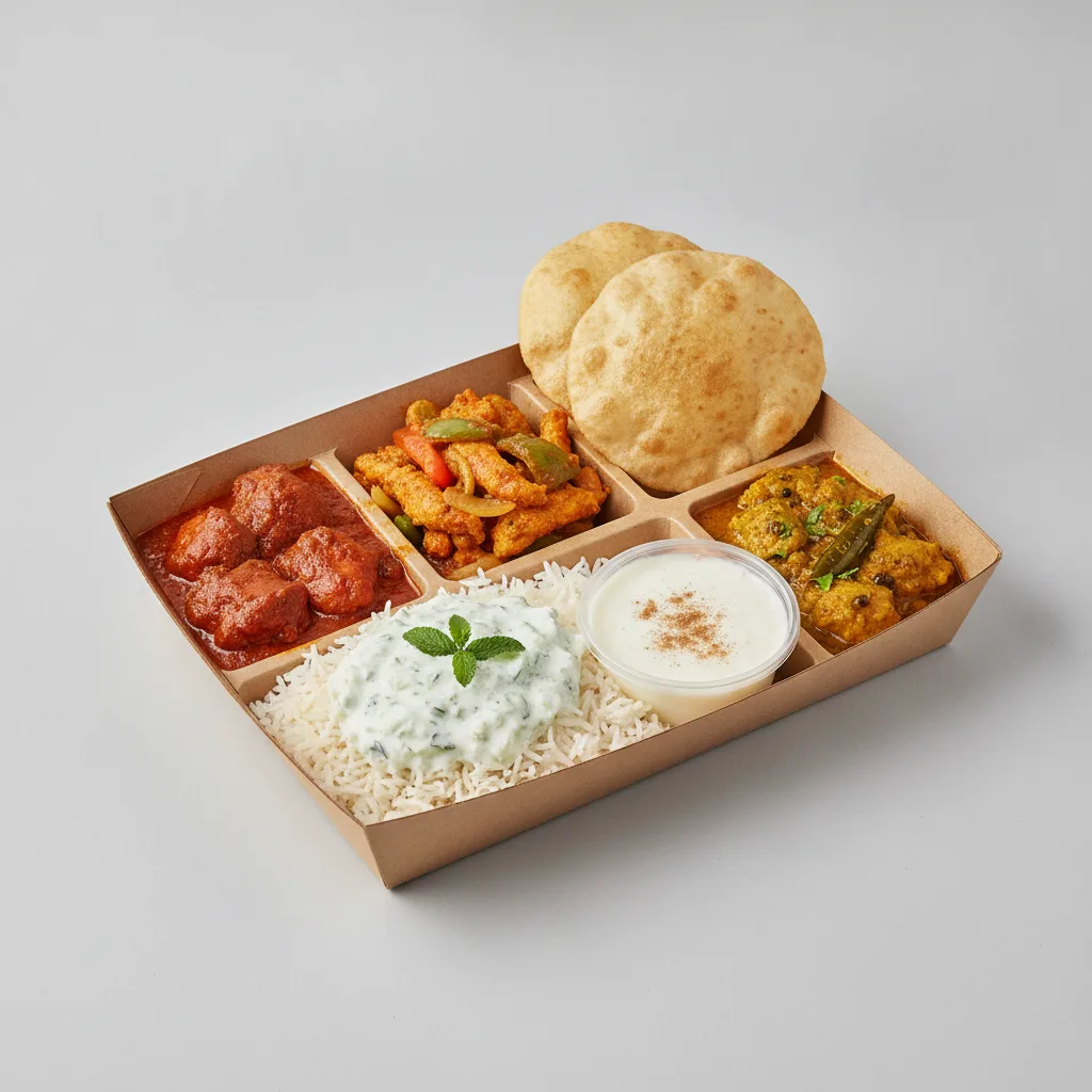Chicken Thali Box Chicken Vindaloo , Chicken Jalfrezi , Achari Chicken Chicken Thali Box Chicken Vindaloo , Chicken Jalfrezi , Achari Chicken