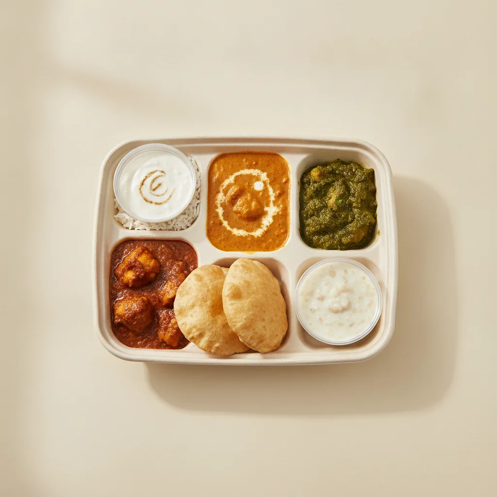 Chicken Thali Box Chicken Vindaloo , Butter Chicken , Chicken Saag Chicken Thali Box Chicken Vindaloo , Butter Chicken , Chicken Saag