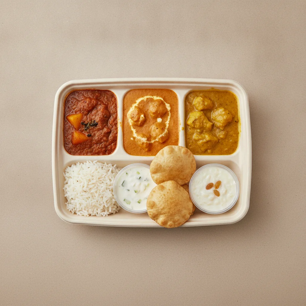 Chicken Thali Box Chicken Vindaloo , Butter Chicken , Chicken Mango Chicken Thali Box Chicken Vindaloo , Butter Chicken , Chicken Mango