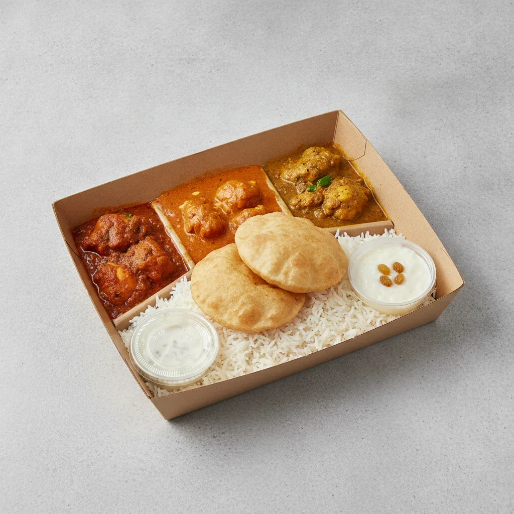 Chicken Thali Box Chicken Vindaloo , Butter Chicken , Achari Chicken Chicken Thali Box Chicken Vindaloo , Butter Chicken , Achari Chicken